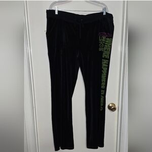Black Velour Track Pants with Green Lettering